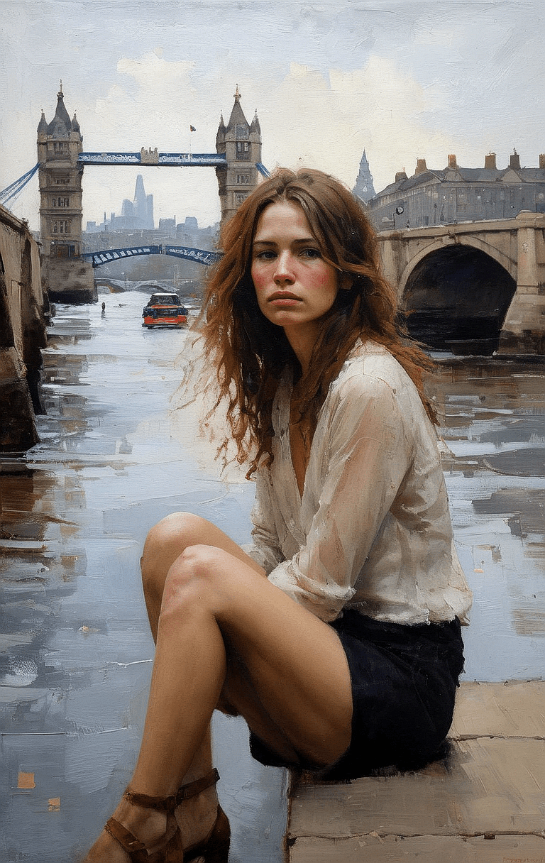 AI generated: An oil painting of a woman, looks sad and despair,  sitting near the London bridge.