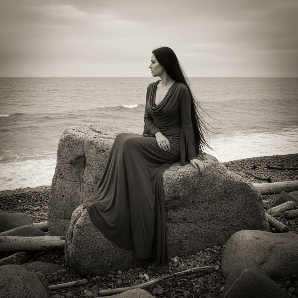 AI generated: fantasy pretty girl wearing long dress long black hair sit in big stone on the beach without colour 
