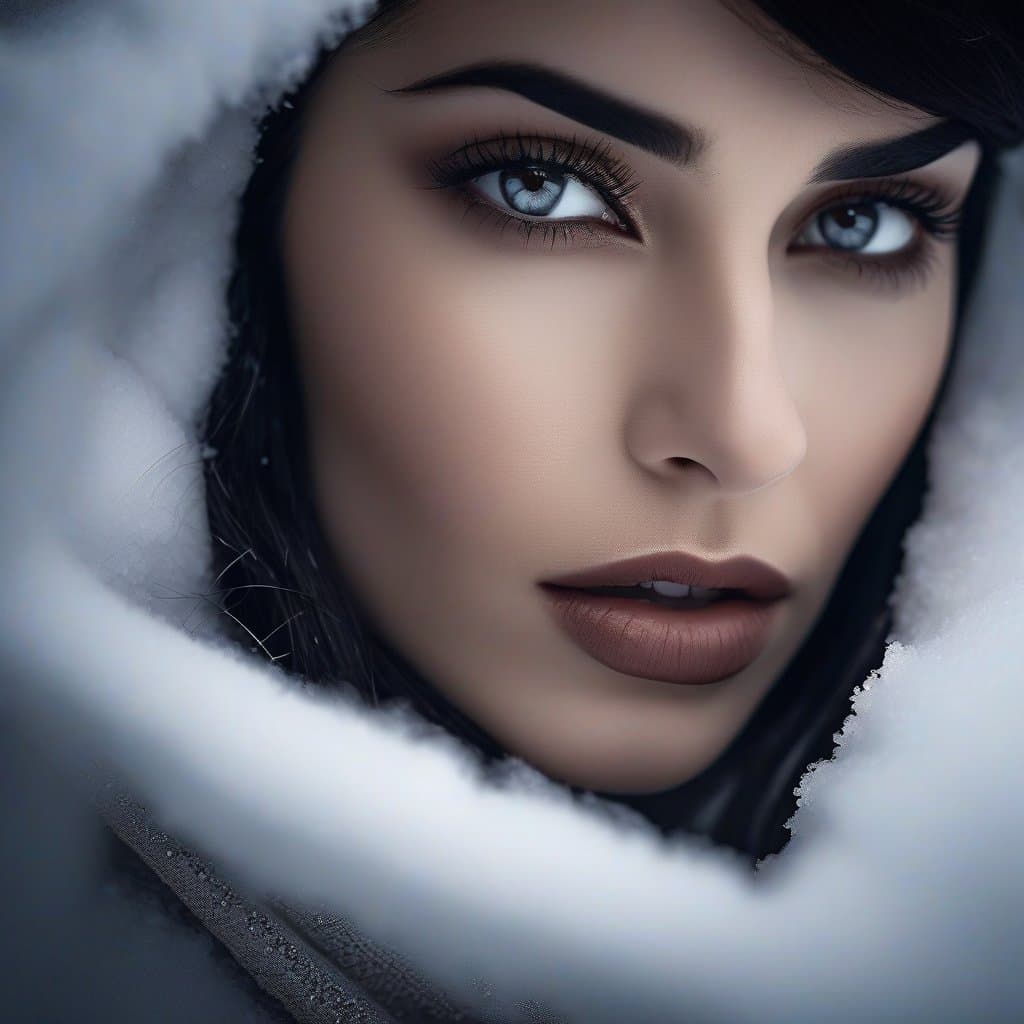 AI generated: portrait - a woman’s face, nose, eyes, eyebrows emerge in a snow-white scarf. And an expression of s...