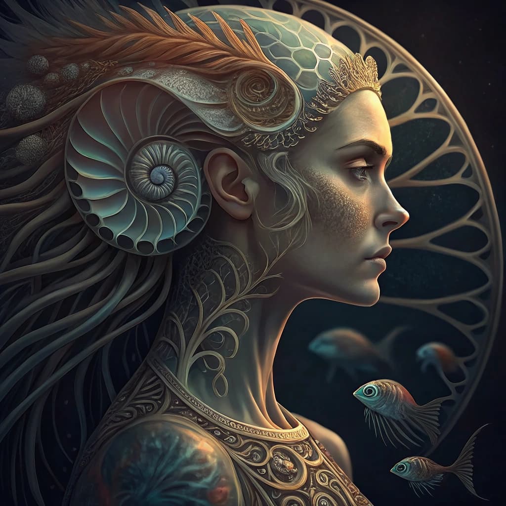 AI generated: Goddess close-up portrait ribcagel. jellyfish phoenix head, nautilus, orchid, skull, betta fish, bio...