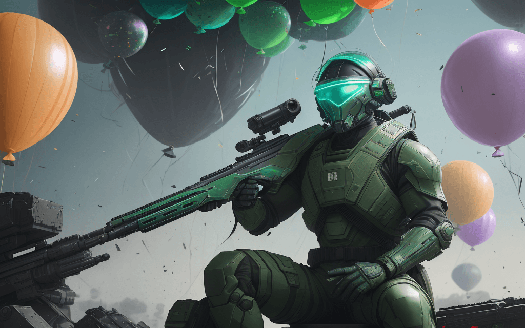 AI generated: brutal man warrior stands and holding a M41A Pulse Rifle in his hands, after the battle, sitting on ...
