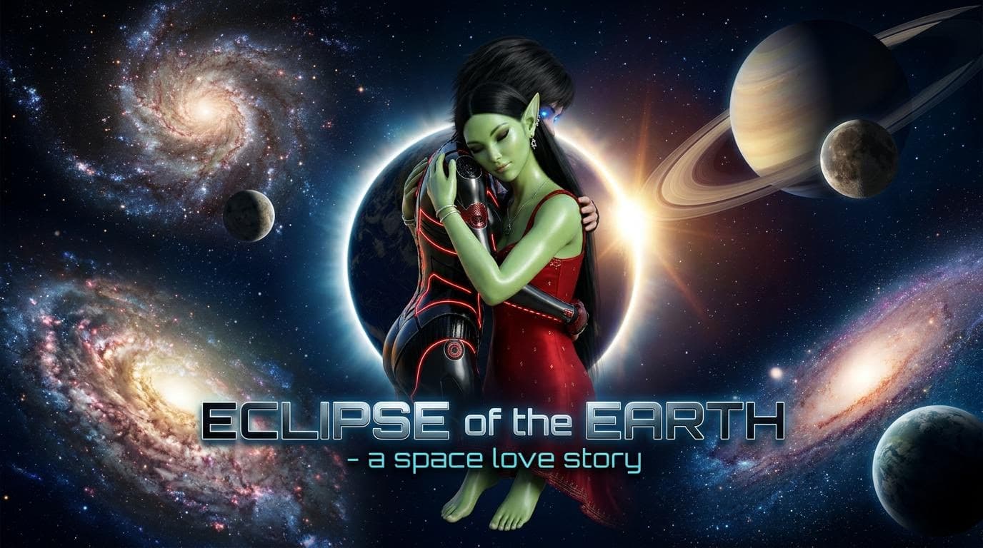 AI generated:  Make a movie poster in 16.9 with these two characters hugging in space with galaxies and planets. T...