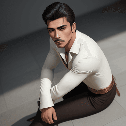 AI generated: Ground - Shot Angle - Looking down at figure from knee level, elegant, handsome, charro, mexicano, m...