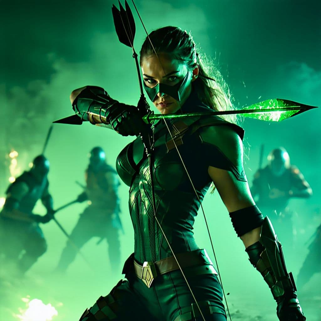 AI generated: A female green arrow fighting enemies