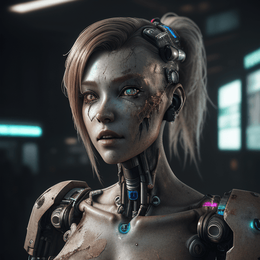 AI generated: A beautiful cyborg lady with dirty and damaged synthetic skin, rusty metal arms, cyberpunk, hyperrea...