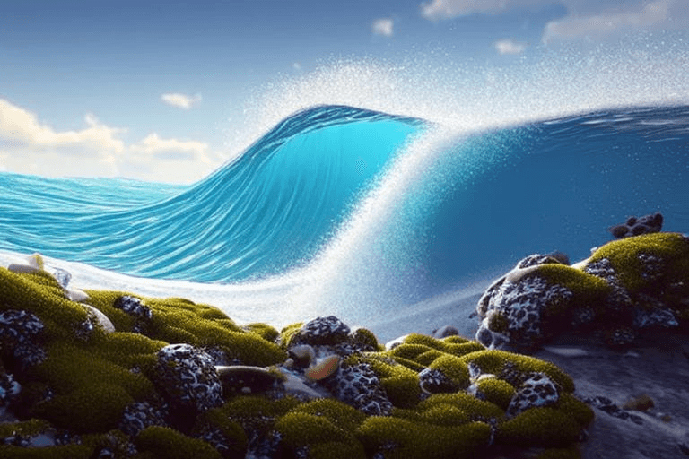 AI generated: complex 3d render ultra detailed, 8k, (full moon) night sky, torquise agate sea dazzling foamy blue ...