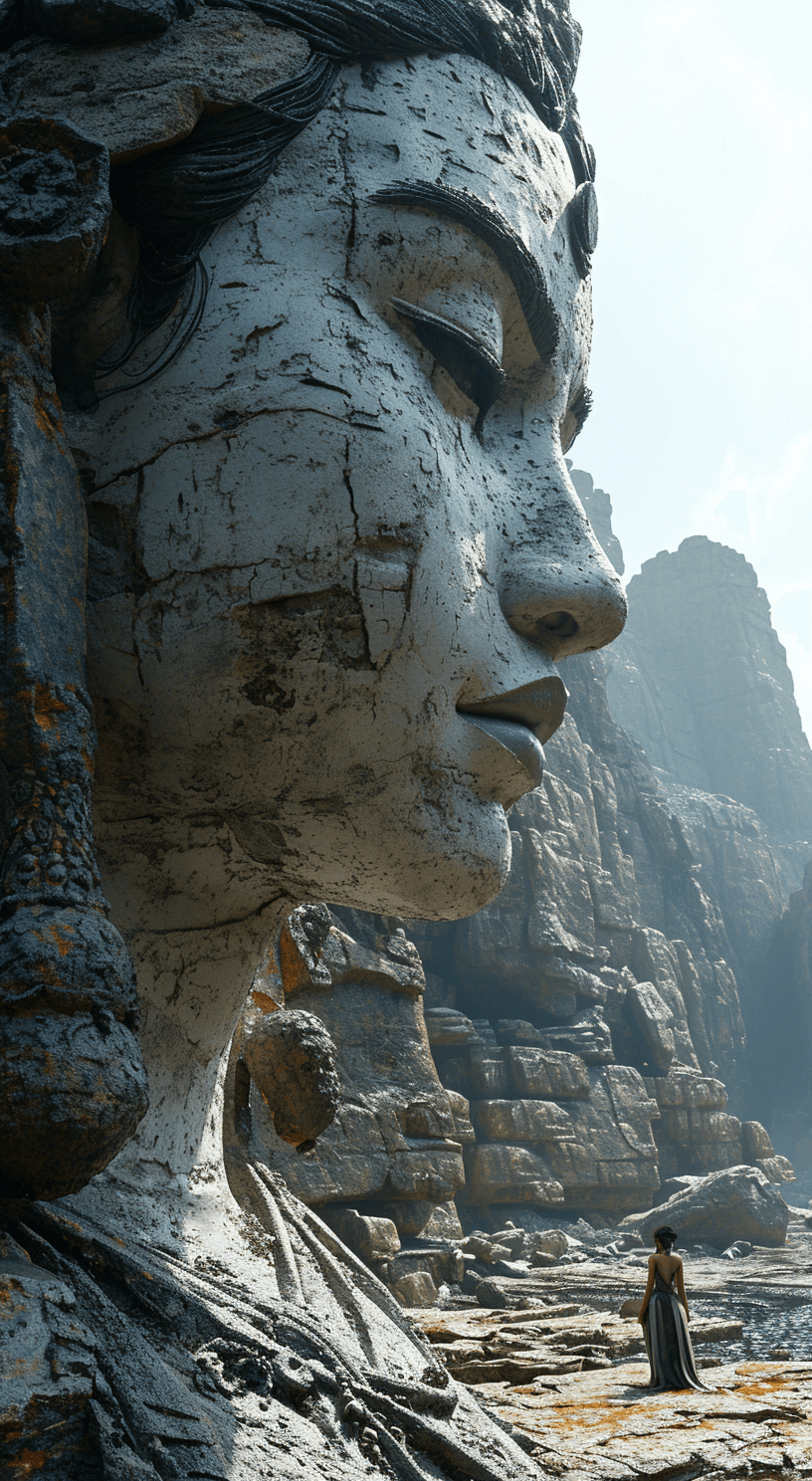 AI generated: a large statue with a woman looking at it, in the style of unreal engine 5, northern china's terrain...
