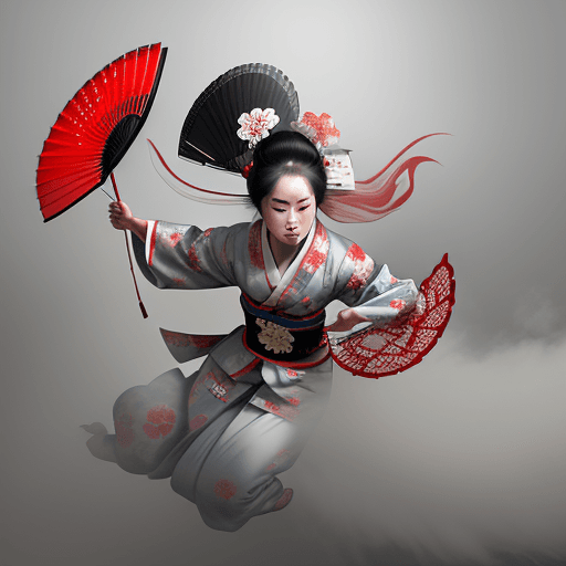 AI generated: 
color photo of a geisha warrior gracefully leaping through a thick fog, armed with two intricately ...