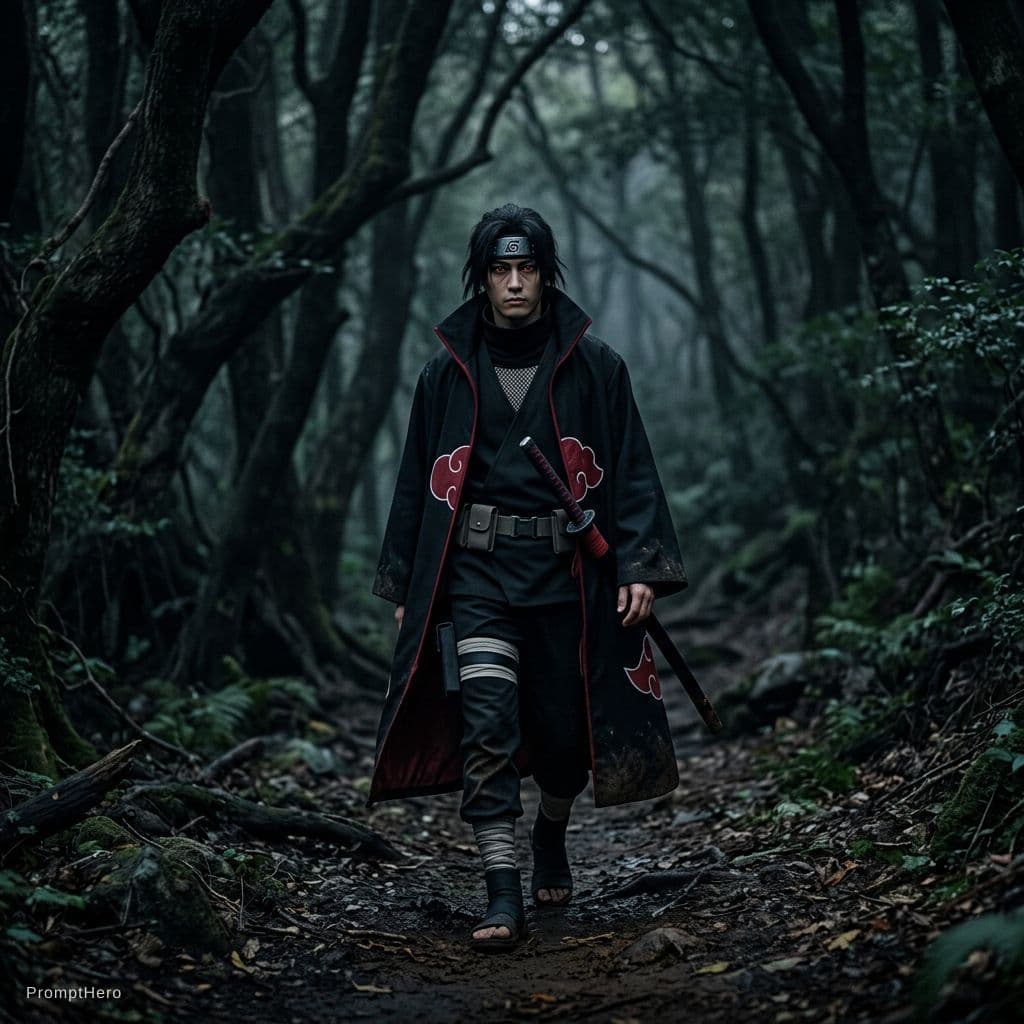 AI generated: Itachi Uchiha in live action movie Realistic. 4K. full body. Cinematic. Emerges from the shadow/fore...
