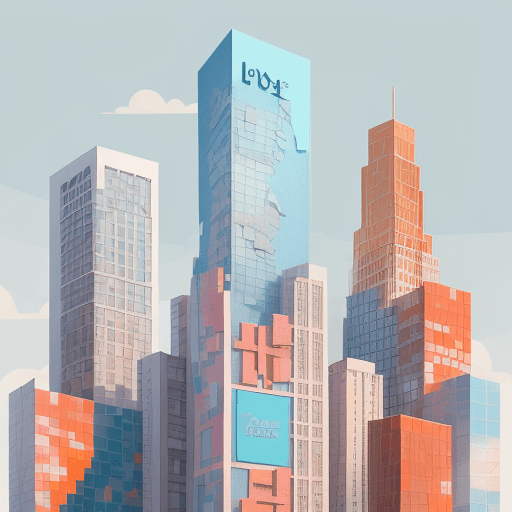 AI generated: 100-story building with the word Kalacoin in a mosaic collage style with light blue borders being th...