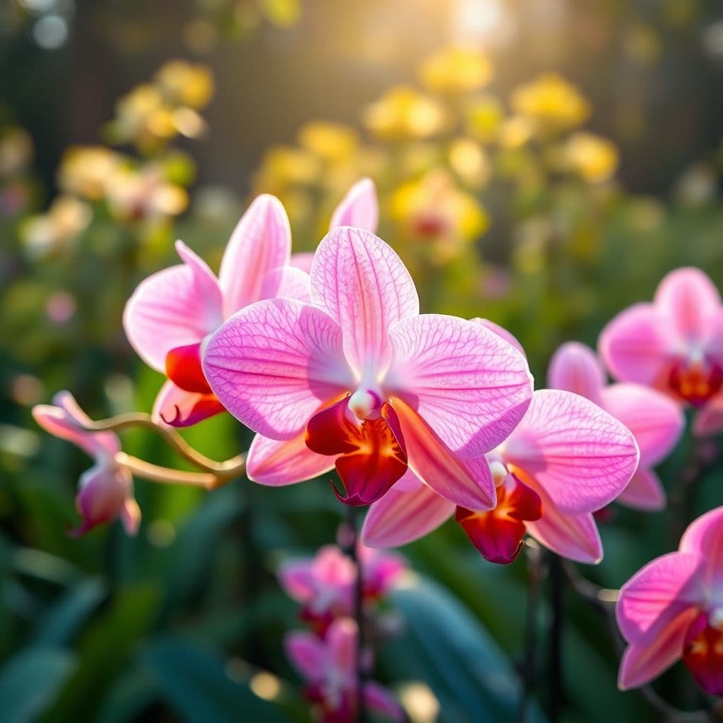 AI generated: A garden of vibrant orchid flower in full bloom, ultra-realistic style, with natural morning Hard su...