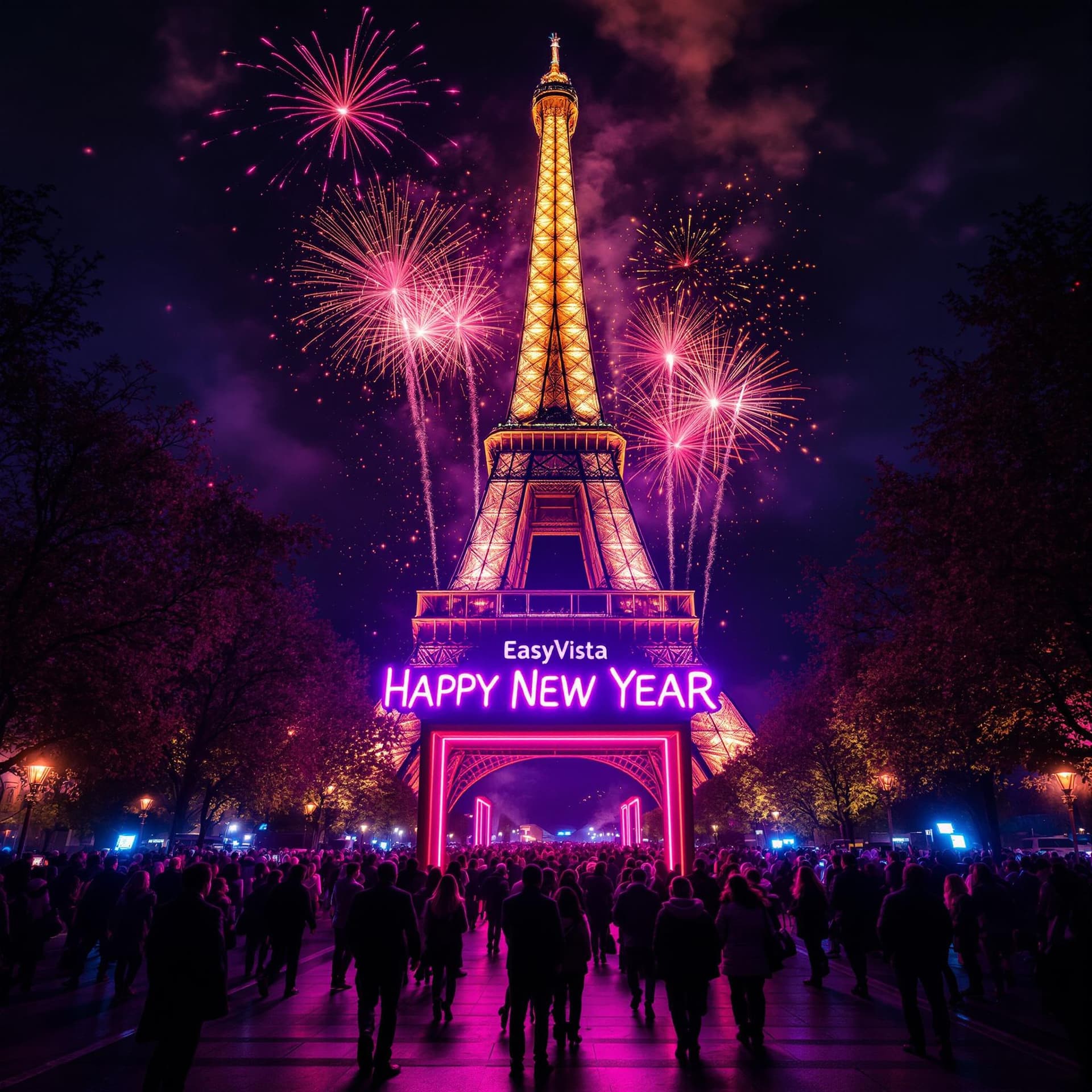 AI generated: Create a lively and festive image of people celebrating New Year's Eve in Paris in front of the Eiff...