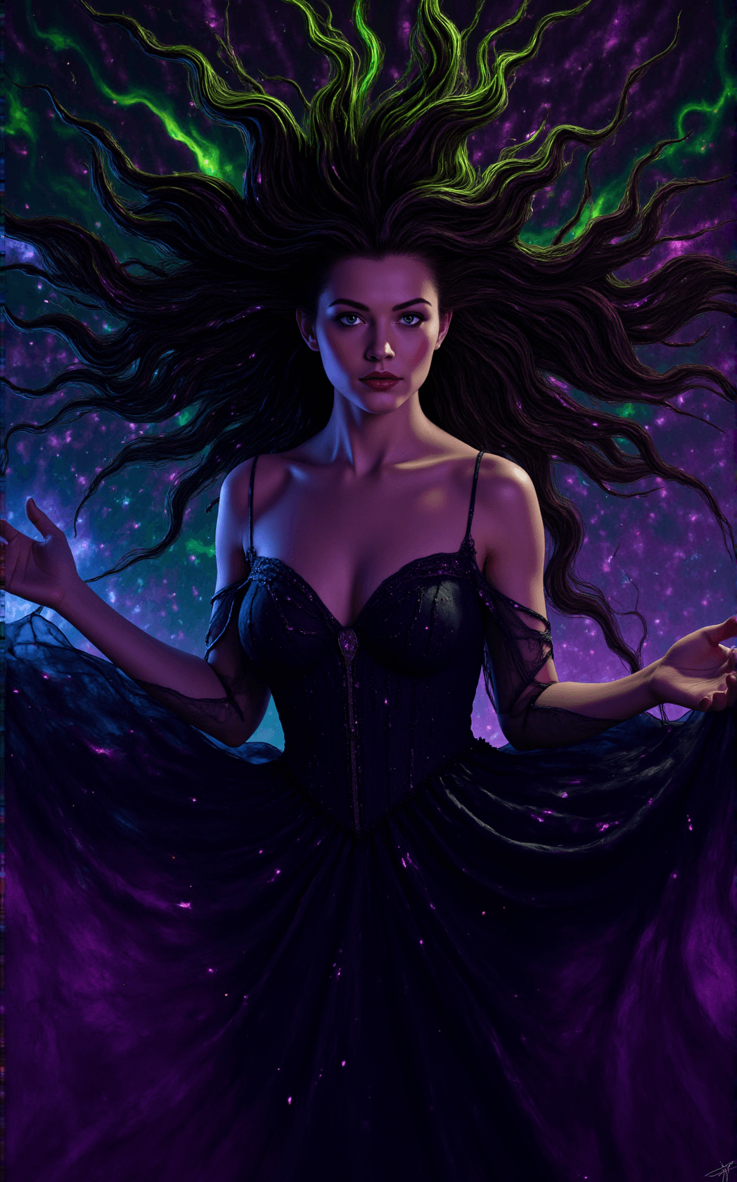 AI generated: In this vivid and surreal digital painting, the central figure is an elegant and lithe portrayal of ...