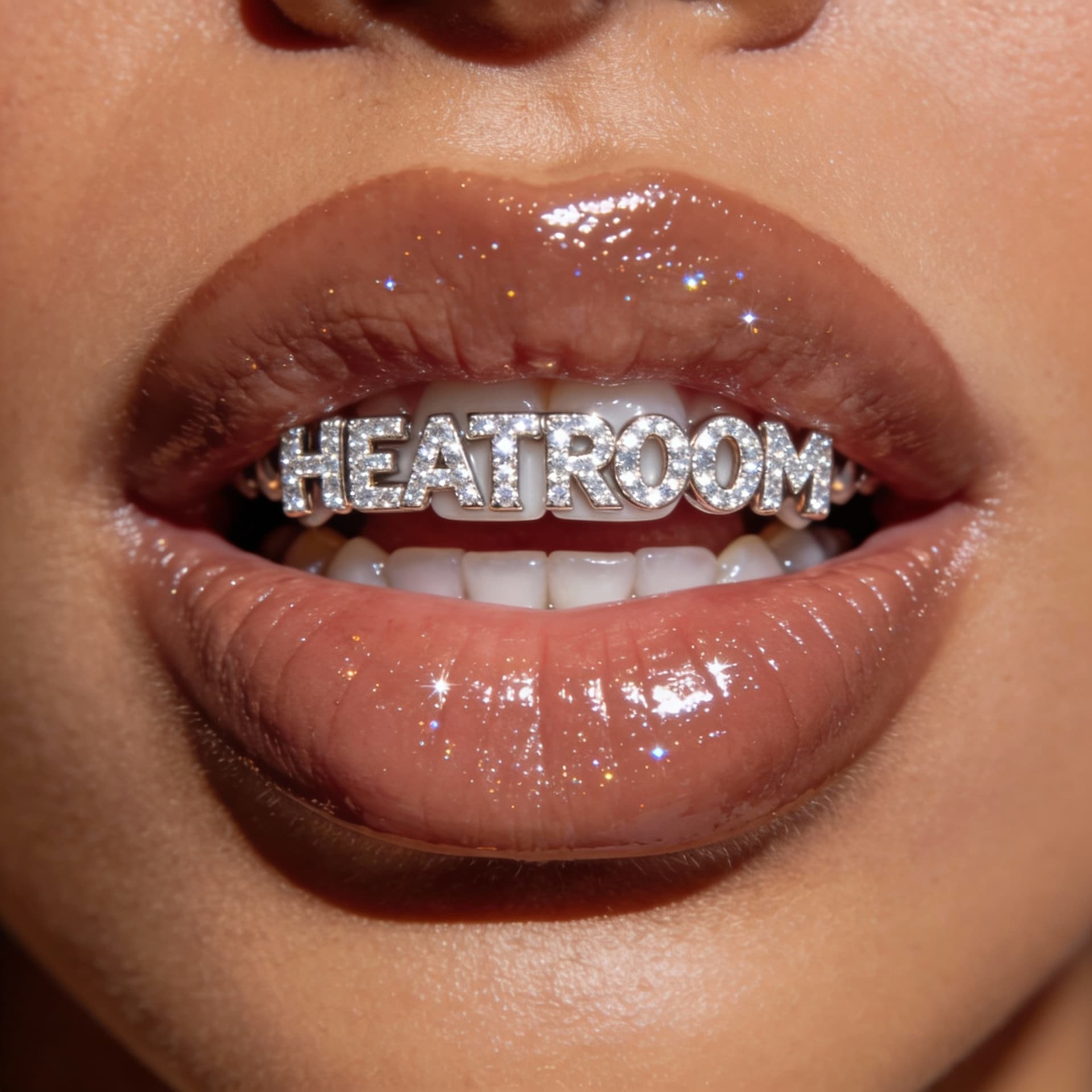 AI generated: Extreme close-up of a woman’s mouth only, no face visible. Full, thick lips with a glossy finish, li...