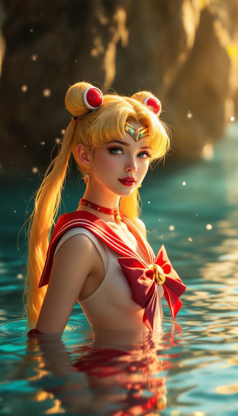 AI generated: sailor moon stands in the water, beautiful japan face, warm atmospheric lighting, in the style of li...