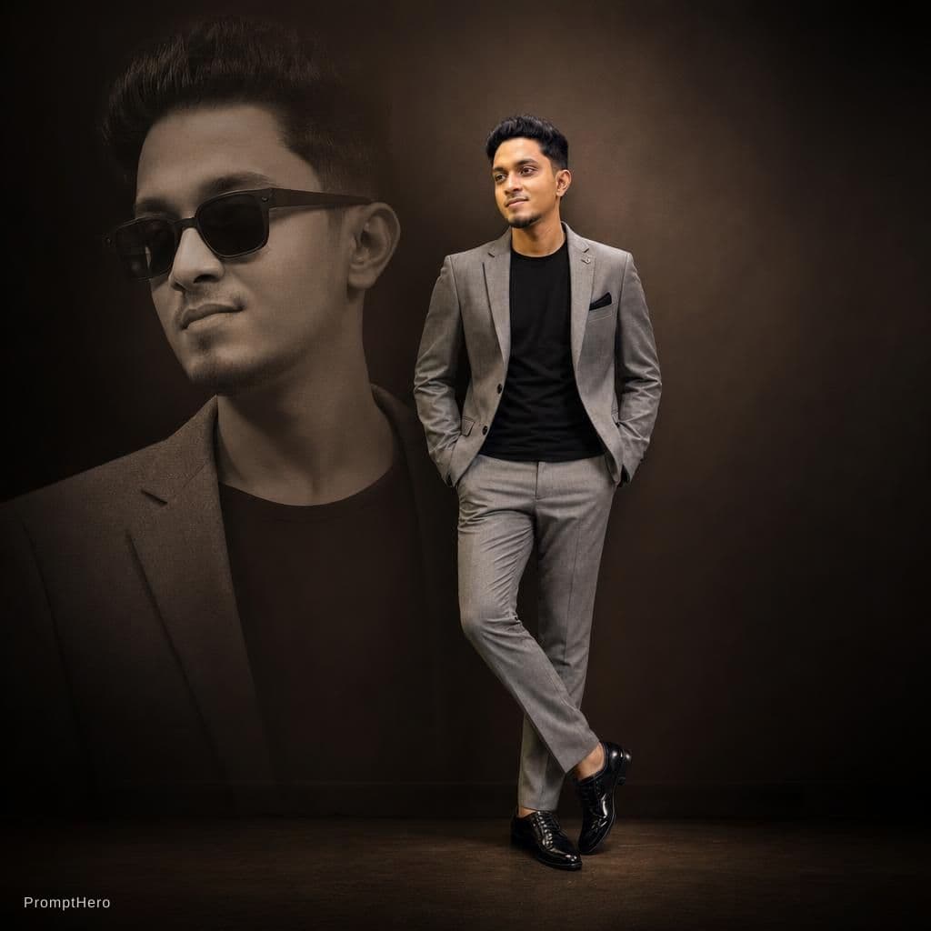 AI generated: "A stylish young man wearing a modern slim-fit grey suit with a black t-shirt inside, standing confi...