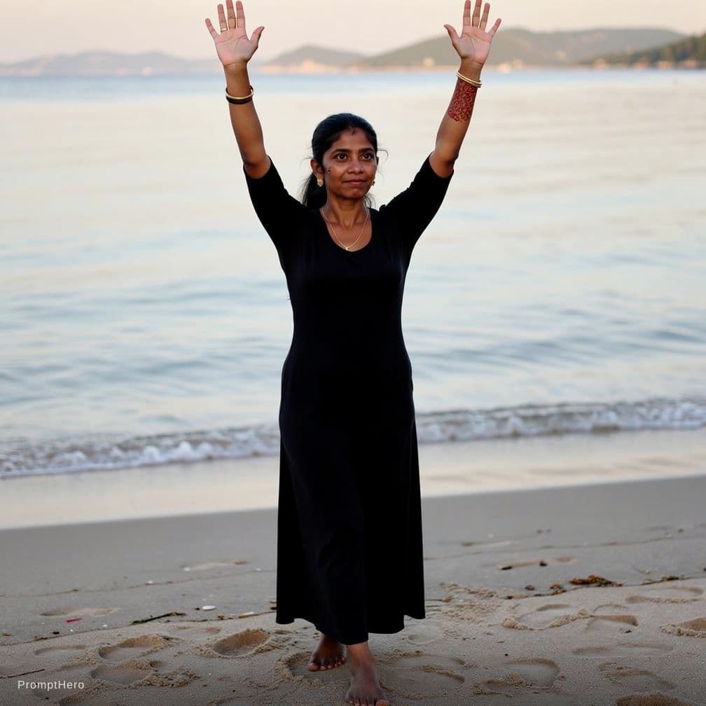 AI generated: Image woman in a tiny black triangle bikini stands on a sandy beach, her arms raised high above her ...