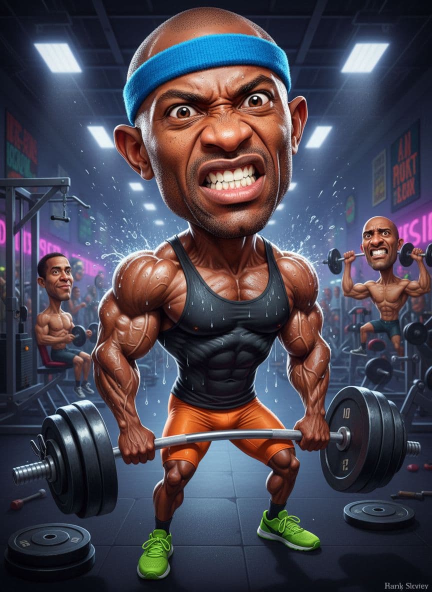 AI generated: funny caricature, ultra-fit enthusiast caricature, adult african-american male, 28 years old, extrem...