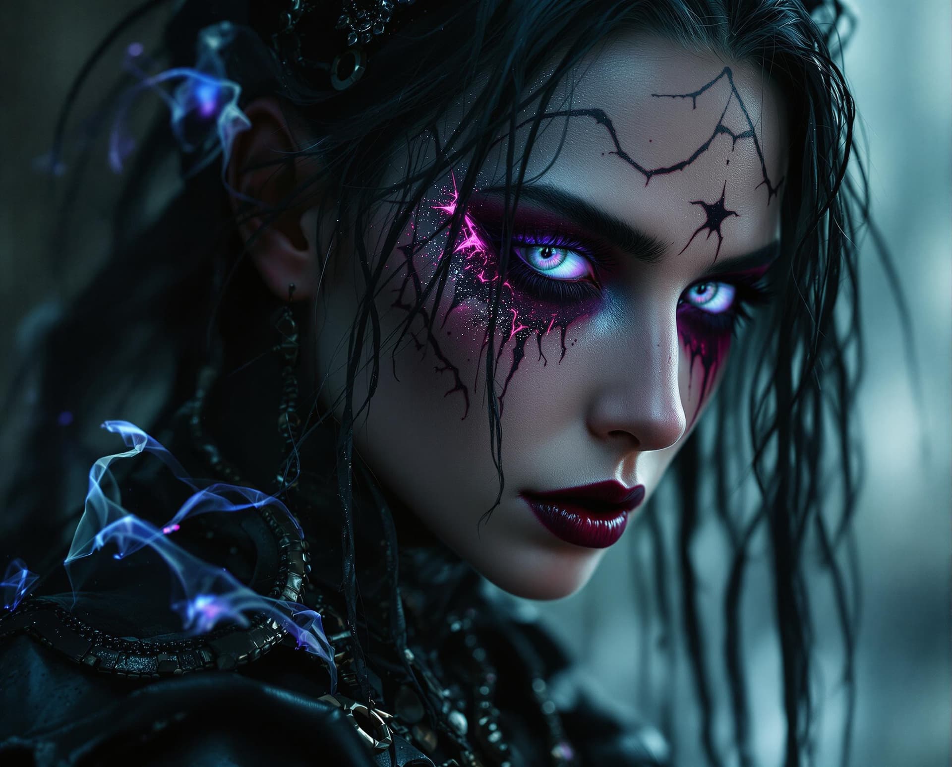 AI generated: Design a photorealistic portrait of a woman with dark makeup and makeup art, set in a dark concept a...