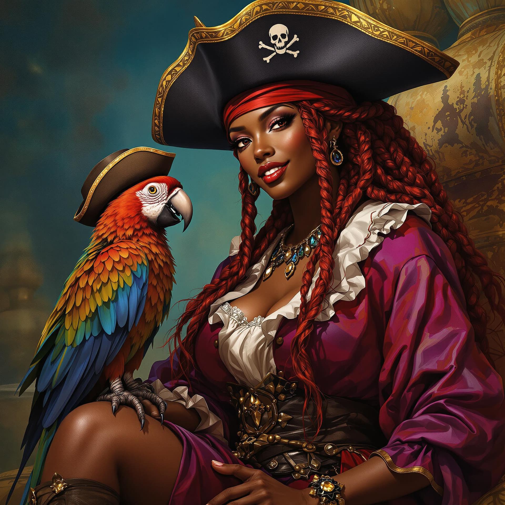 AI generated: Full body view: Centered image.  an beutiful African American pirate lady with red long braided hair...