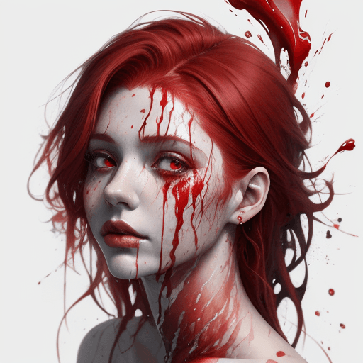 AI generated: A half body portrait of a woman made of blood, half body is submerged in blood, red hair depicting a...