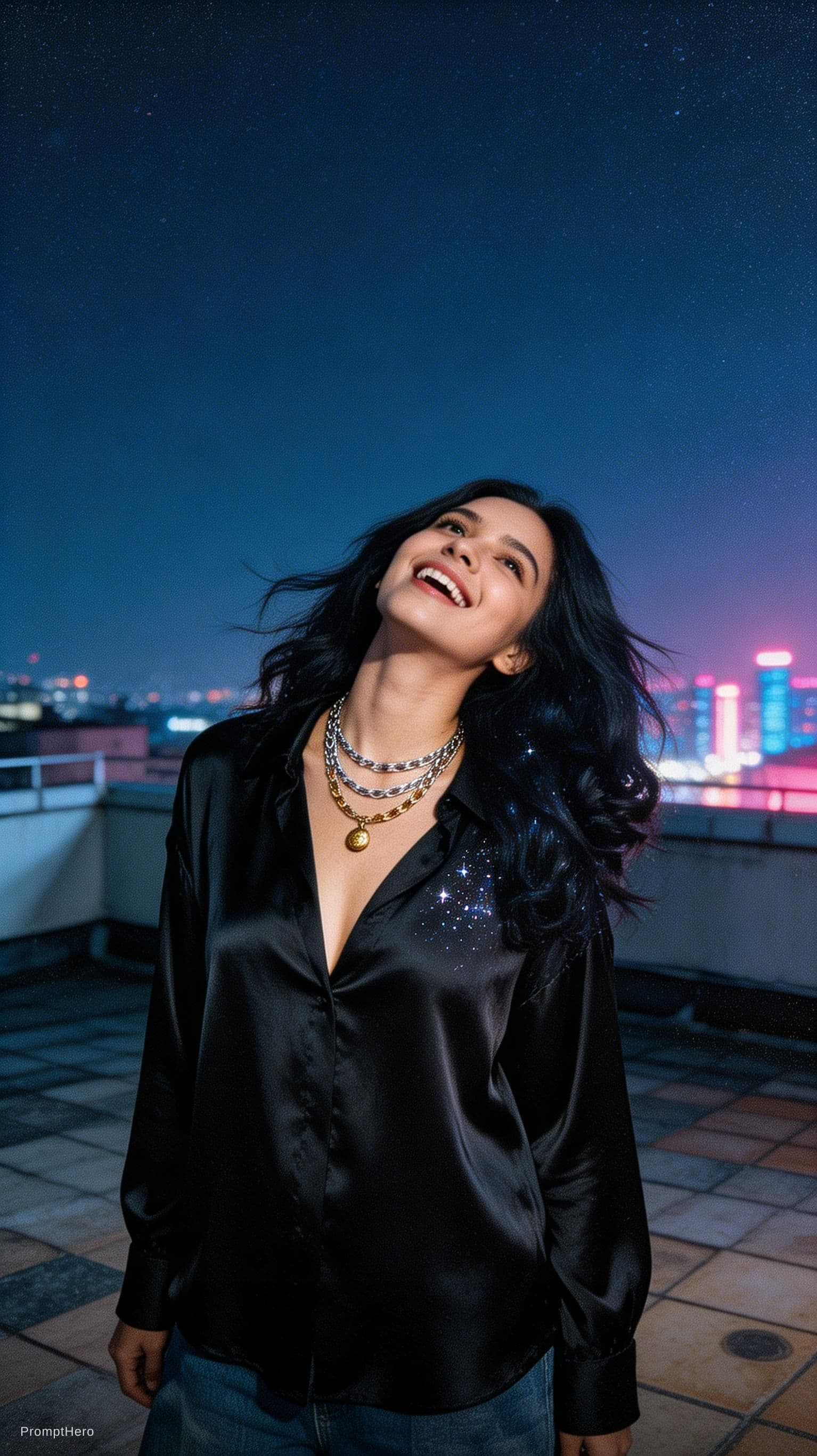 AI generated: A grainy, high-ISO rooftop documentary scene captures a tall, statuesque woman with long, dark, wind...