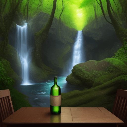 AI generated: There is a bottle on the table, and in the bottle is a forest with a waterfall.

