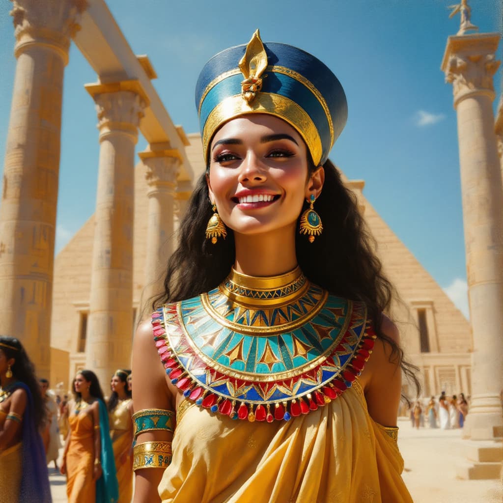 AI generated: 
A beautiful ancient Egyptian queen with a warm, graceful smile, standing proudly in front of a gran...