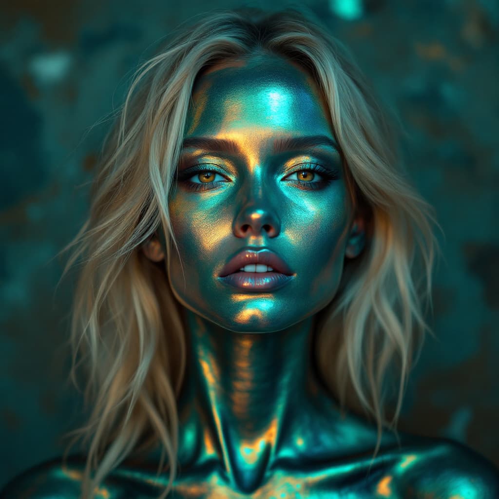 AI generated: front direct view portrait of blond woman head, brown eyes, metalic skin, disappearing into the pati...