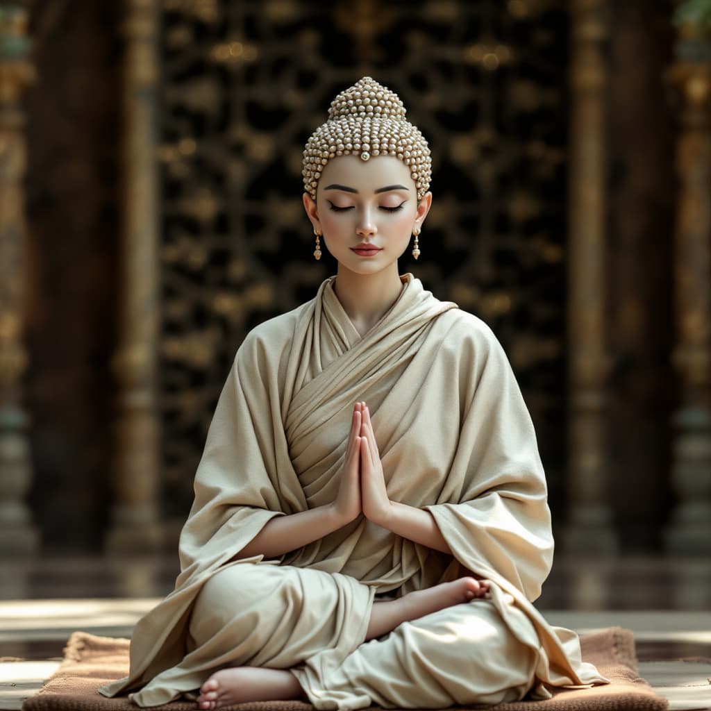 AI generated: Hyper realistic eye level exterior photo of a bhuddist female monk meditating
