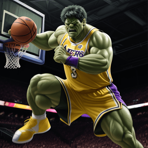 AI generated: Marvel's Hulk playing basketball, he is jumping to dunk on the hoop and he is dressed in the Lakers ...