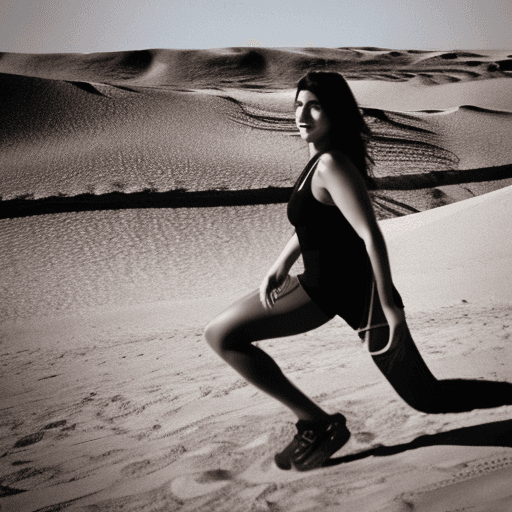 AI generated: fitness female model, Saudi Arabia desert setting