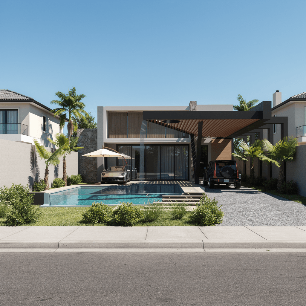 AI generated: Ultra-realistic photograph of the exterior architecture of a high-end contemporary single-family res...