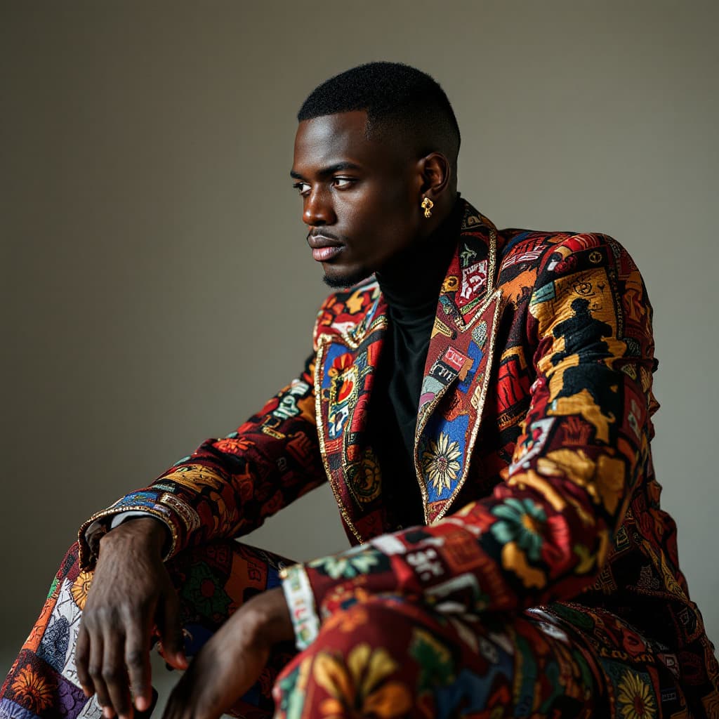 AI generated: fashion shoot african american male model earing dolce and gabbana patchwork suit 
