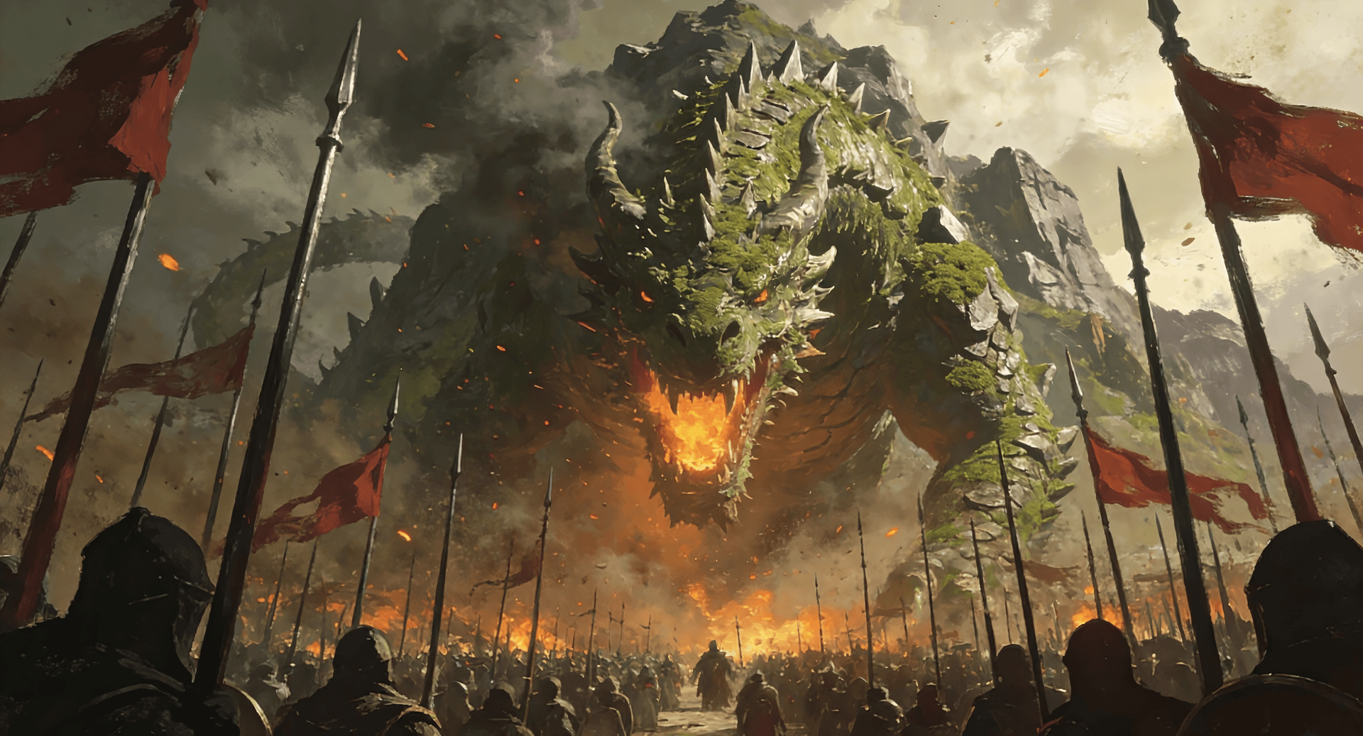 AI generated: A panoramic cinematic wide shot of a colossal, mountain-sized mossy-green dragon looming over a medi...