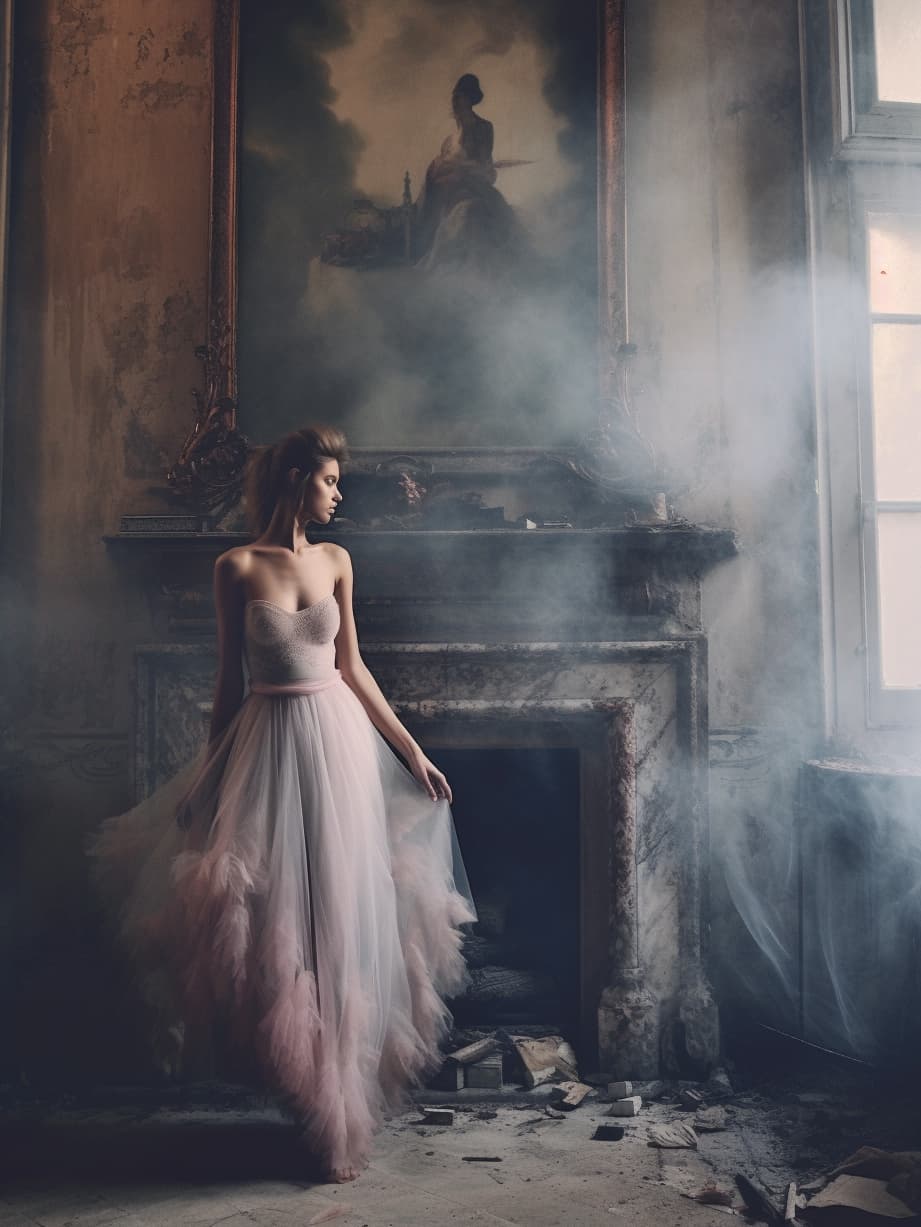 AI generated: a woman standing next to a fireplace in a room, style of paolo roversi, wearing a pink tutu, still f...