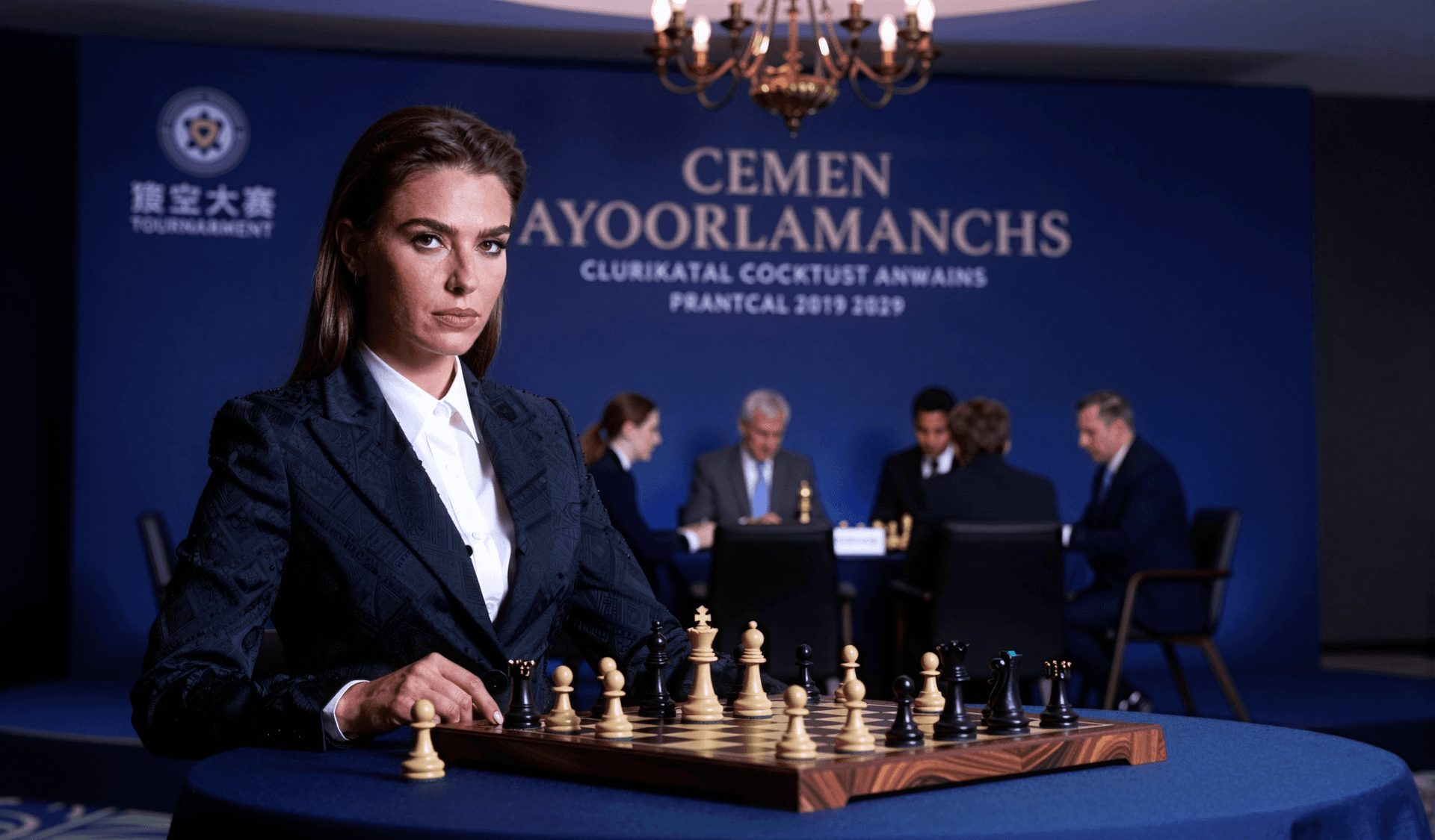 AI generated: Professional corporate chess tournament sponsorship banner, featuring an elegant sexy female chess G...