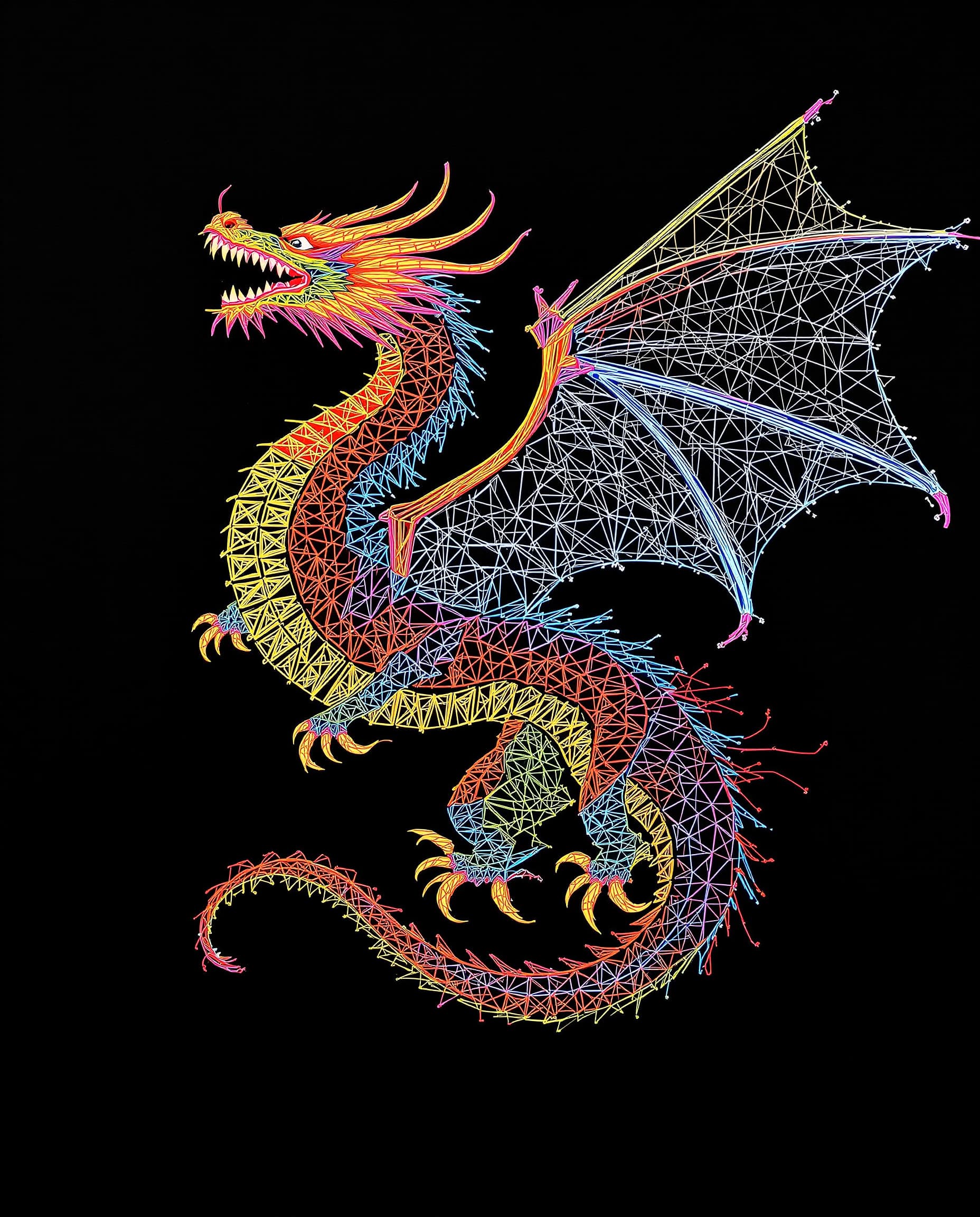 AI generated: String art style, string art style create a string artwork using colored thread of a dragon in fligh...