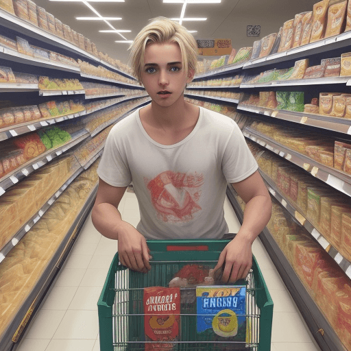 AI generated: photo of dirty attractive young blonde angelic boy inside filthy grocery store, posted on snapchat -...