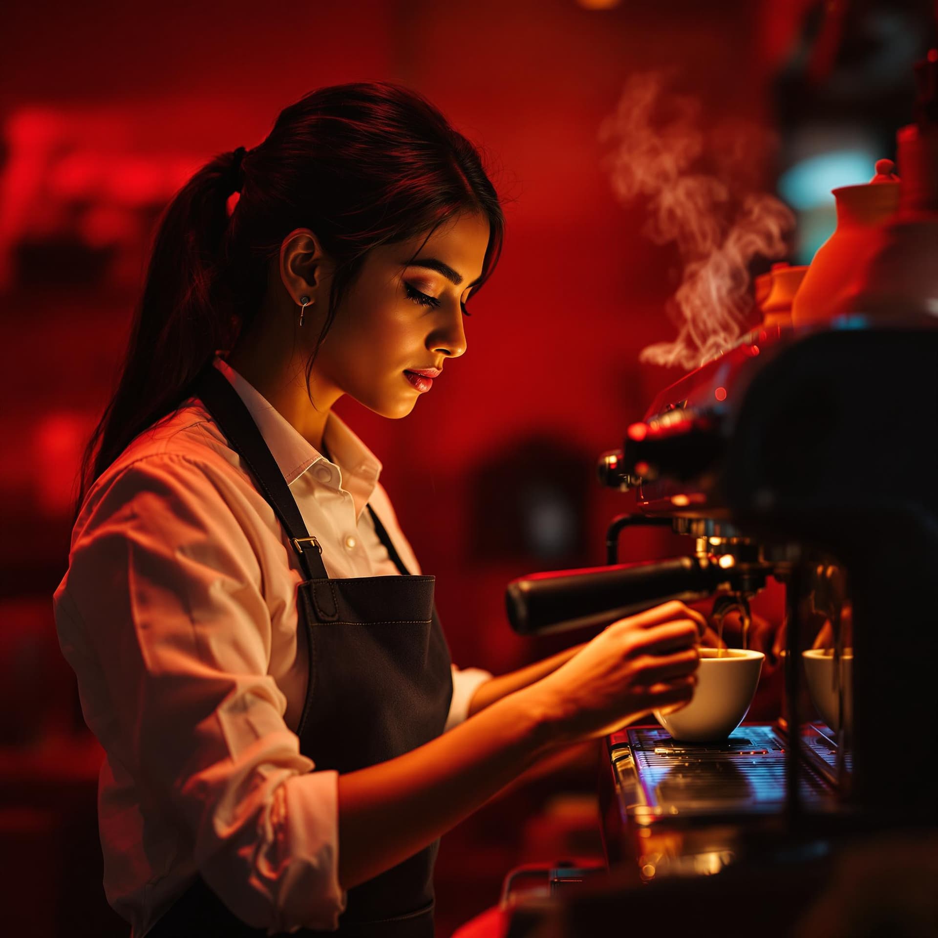 AI generated: The image presents a young Indian woman in a vibrant, atmospheric setting, presumably a coffee shop,...