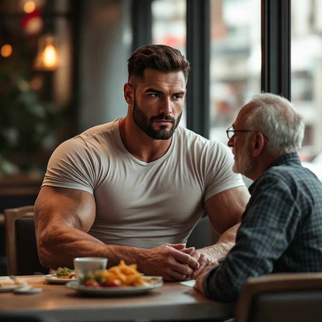 AI generated: Proto realistic image of a tall handsome 25-year-old male bodybuilder wearing a tight tee shirt sitt...