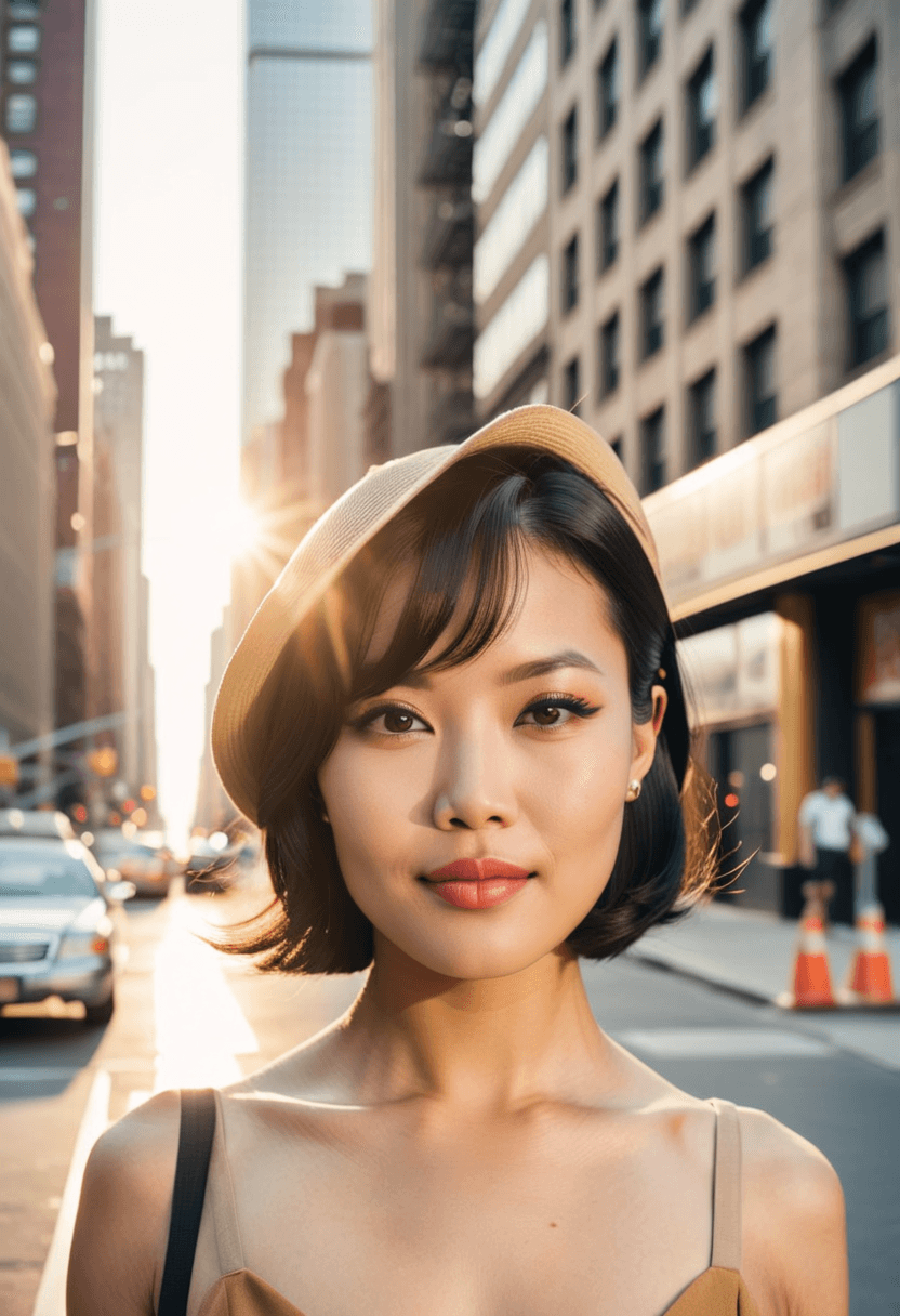 AI generated: analog film photo Asian woman, short black hair, brimmed hat, sleeveless low cut blouse, dark eyes, ...