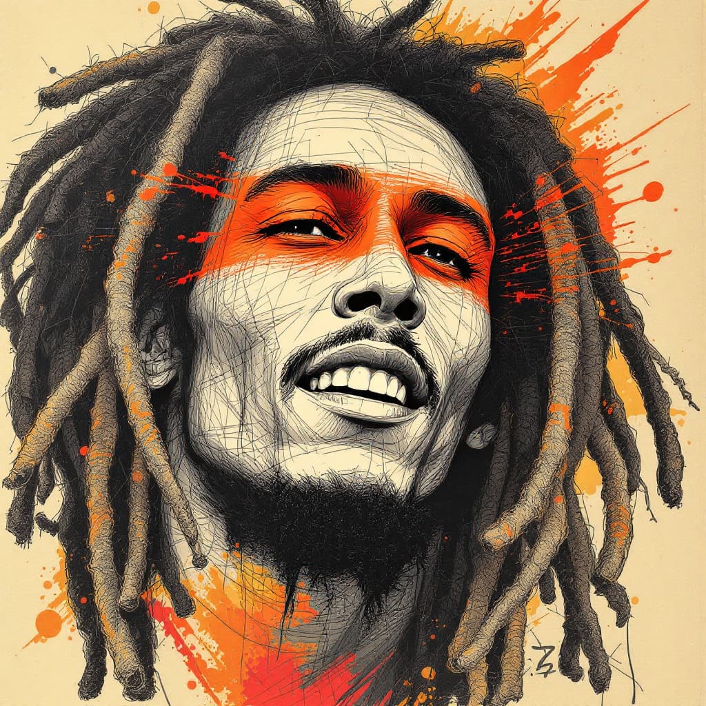AI generated: a drawing of bob marley face with a red eyeshadow, in the style of bold colorful lines, dark beige a...