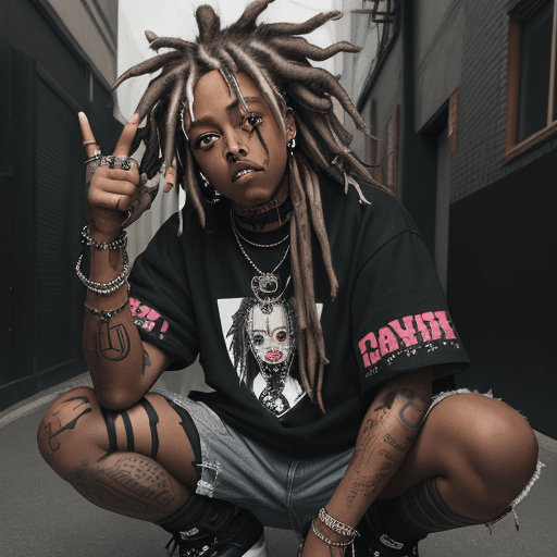AI generated: juice wrld, dreadlocks, lil uzi vert, 2017, street punk in emo style clothes holding up the middle f...