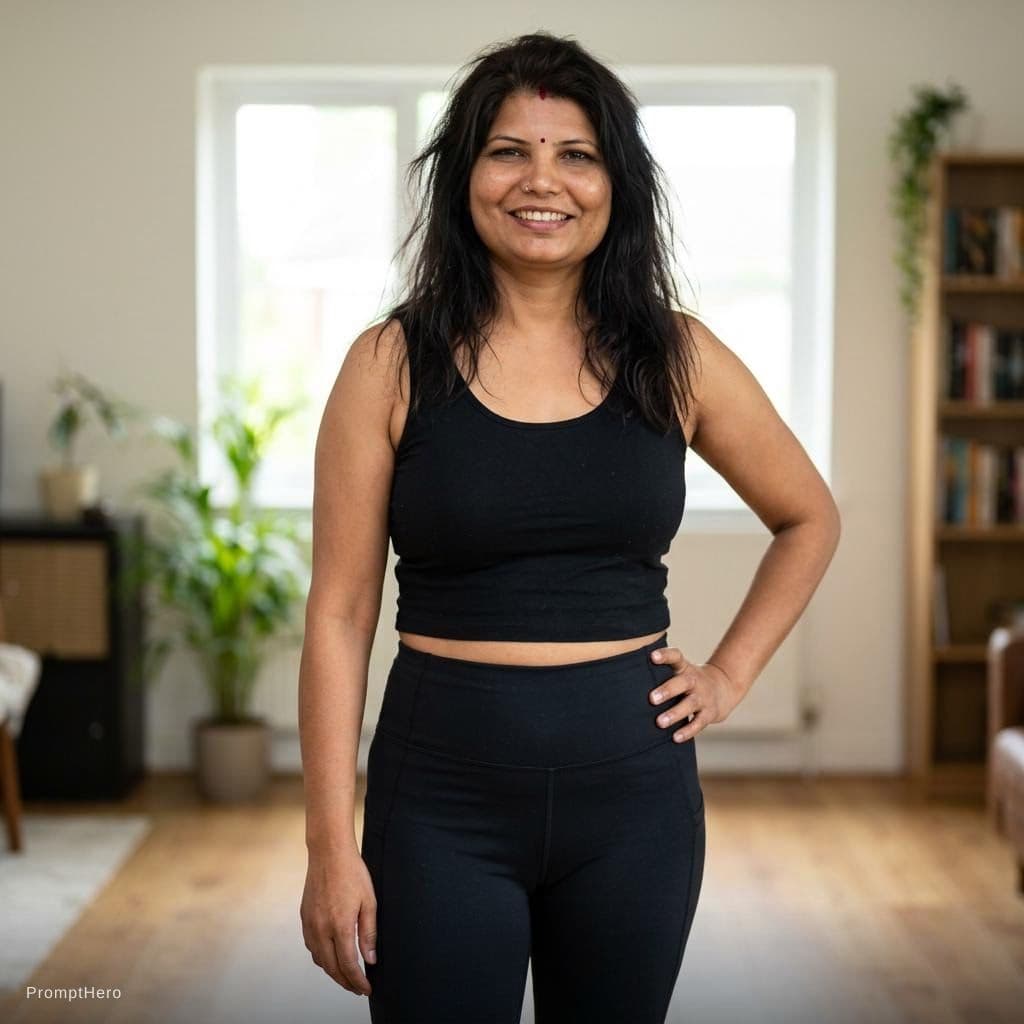 AI generated: Standing cute, wearing a cropped tanktop and leggings 