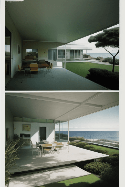 AI generated: Hyper realistic eye level exterior photo of a mid century modern style house overlooking the ocean, ...
