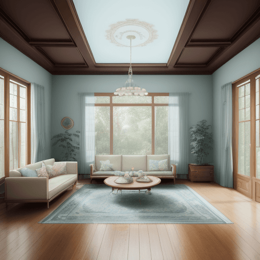 AI generated: High resolution photography interior design, dreamy sunken living room conversation pit, wooden floo...