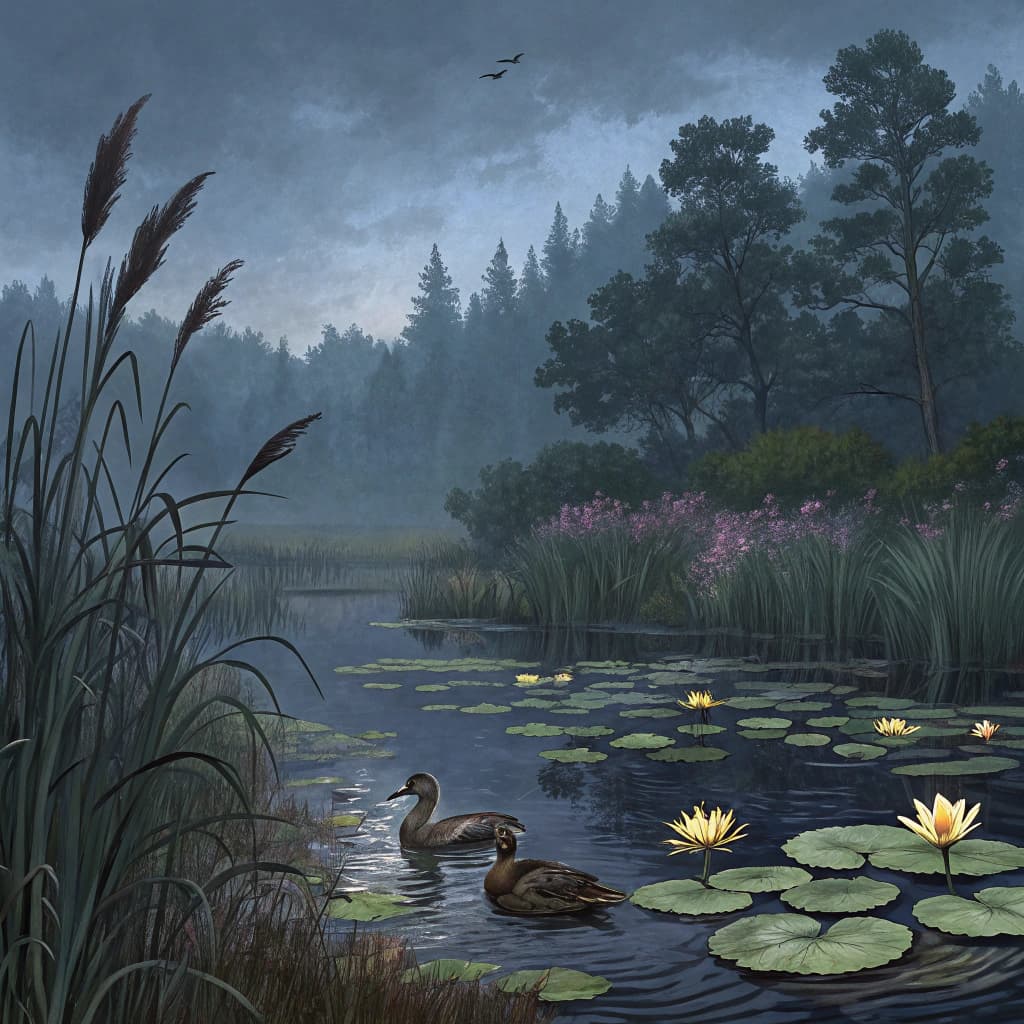 AI generated: A Renaissance painting of an isolated pond with lily pads and ducks, surrounded by tall grasses and ...
