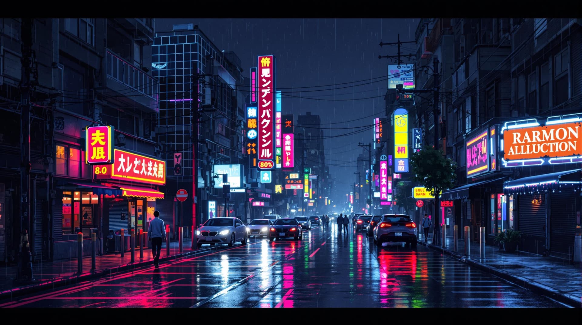 AI generated: Street of the 80s. At night. A lot of neon. Without people. No cars. Rain. Pixel Art Style Side view