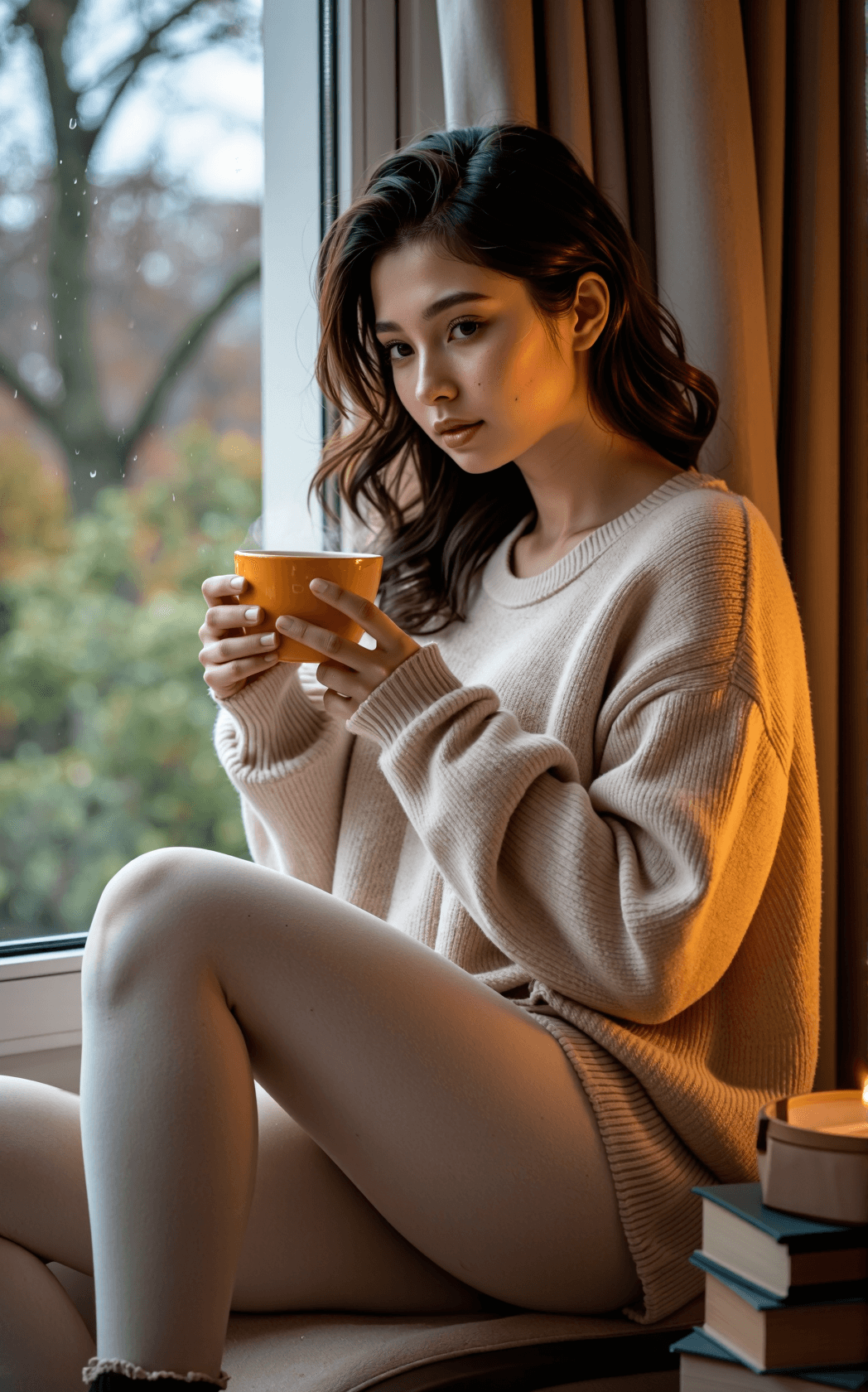 AI generated: A warm, inviting woman sits by a rain-streaked window, her lively, shoulder-length curls tumbling fr...
